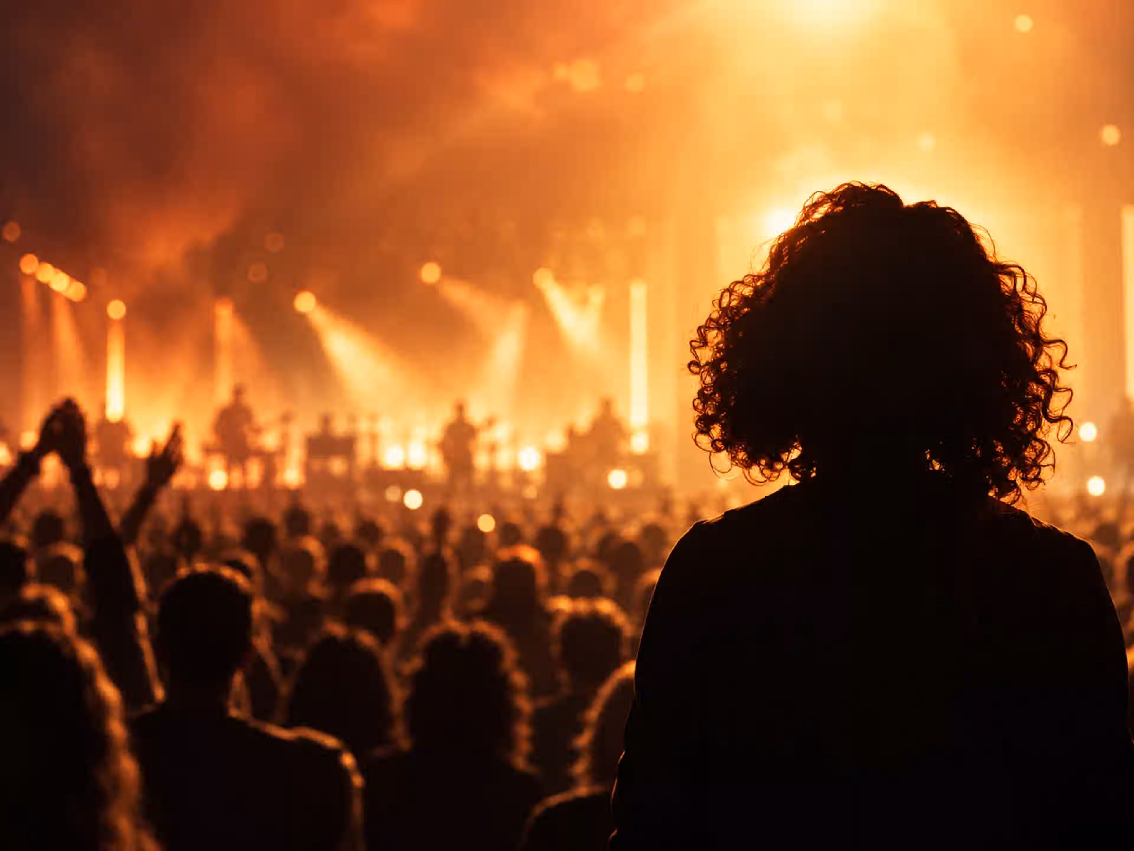 Concert : une foule face à une scène éclairée de lumières chaudes