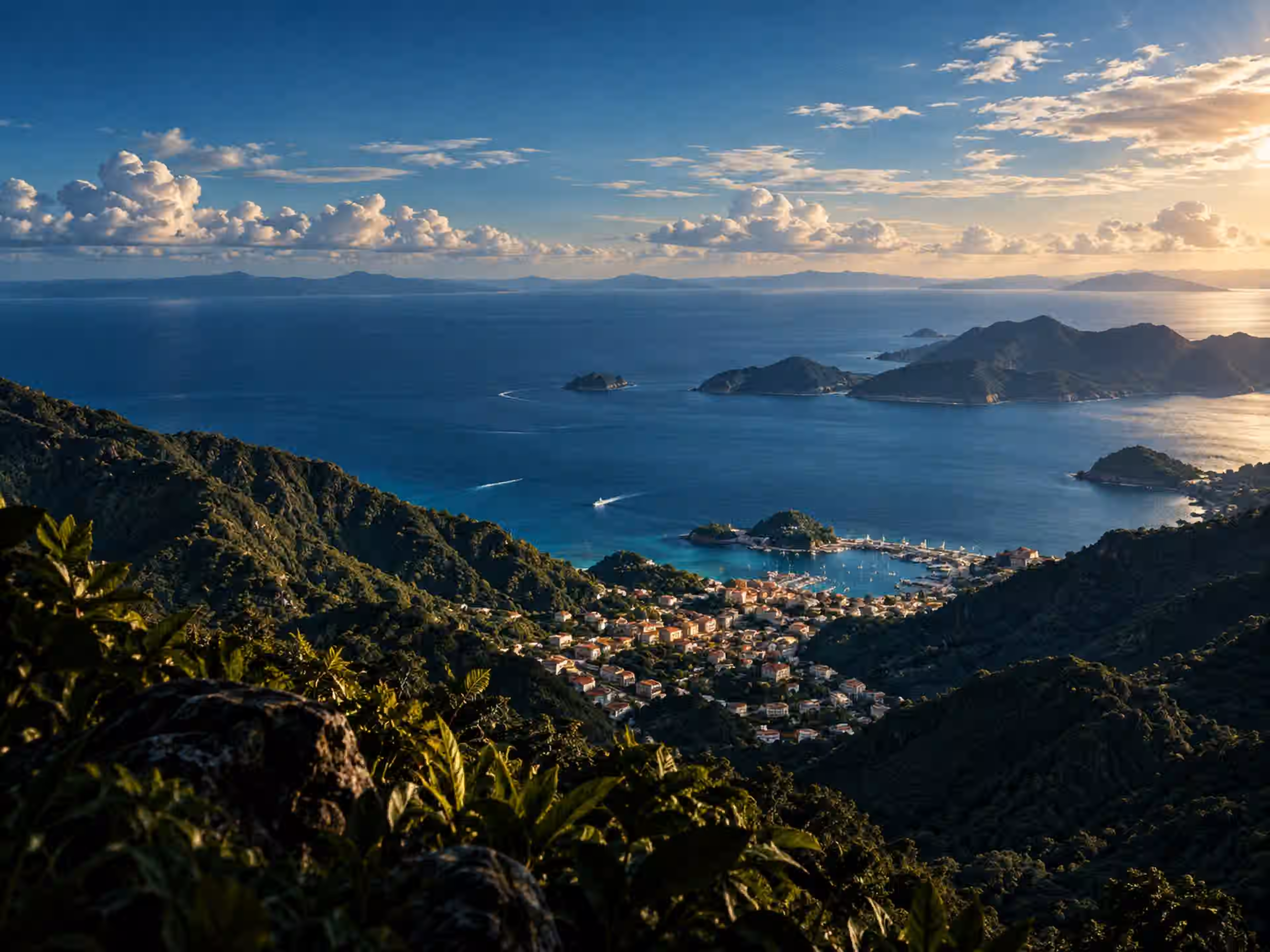 Vue aérienne d’une baie caribéenne et de ses îles, sous un ciel dégagé