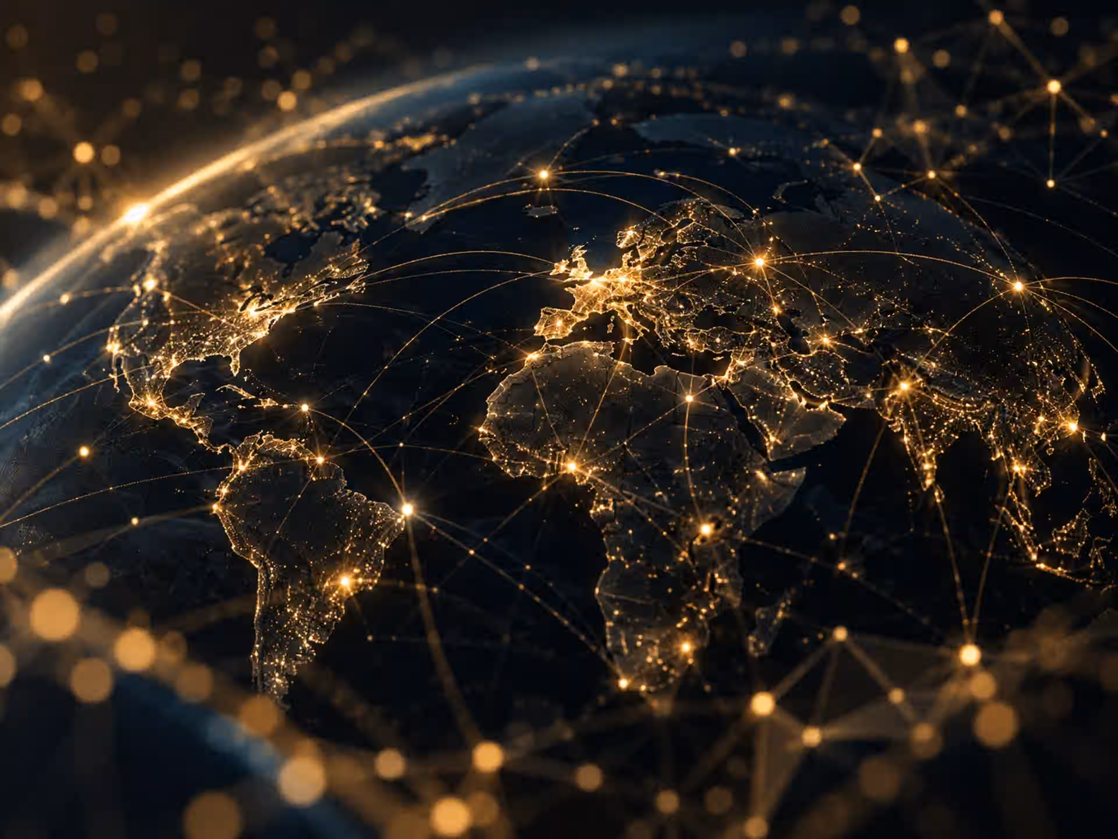 Globe terrestre de nuit parcouru de liaisons lumineuses entre les villes